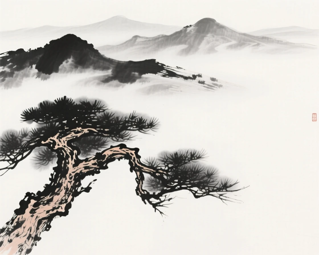 A weathered pine tree frames a view of distant misty peaks, as mist rolls in over the surrounding ridges.
