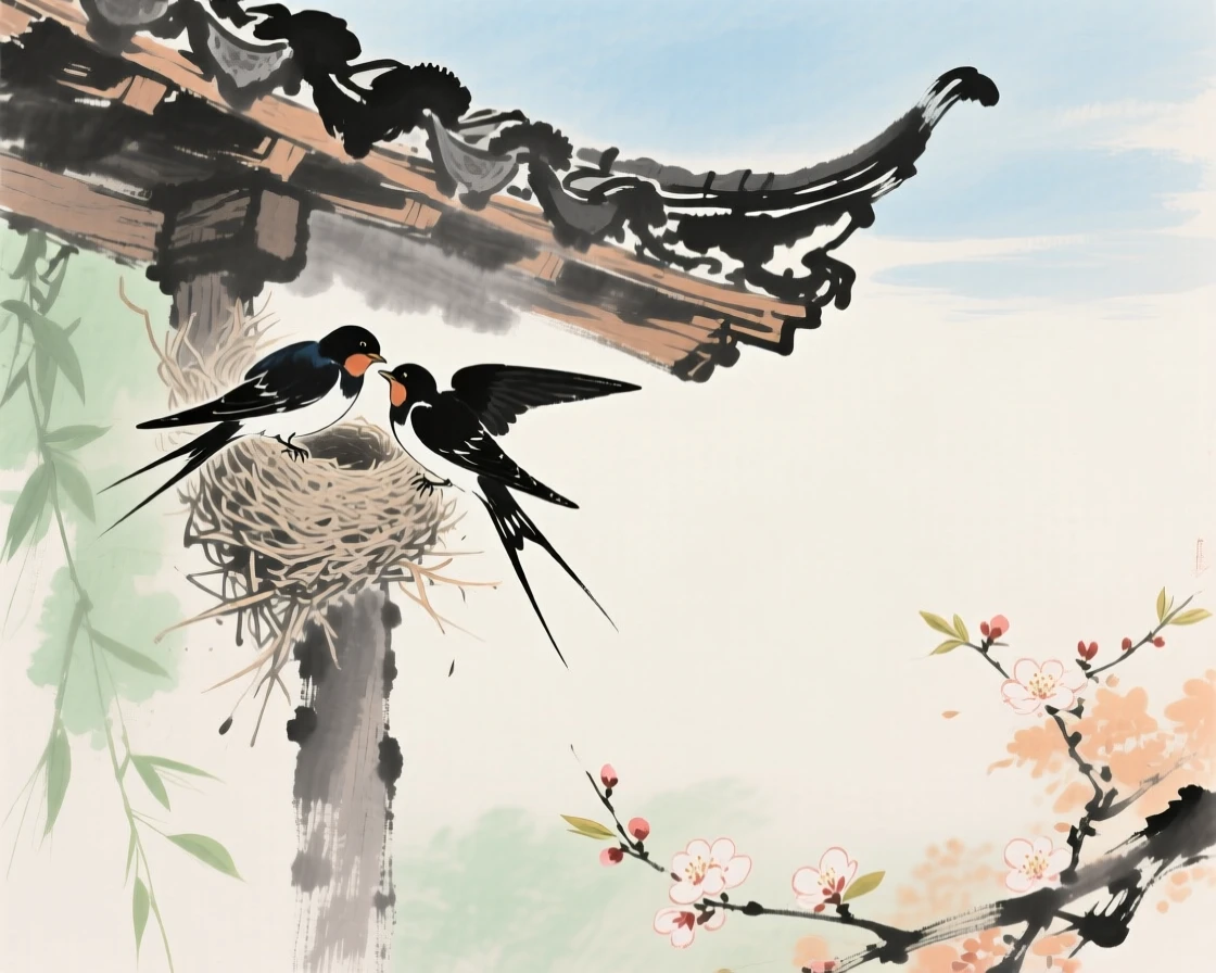 A pair of swallows building a nest beneath an eave, in a warm breeze carrying the scent of blossoms.