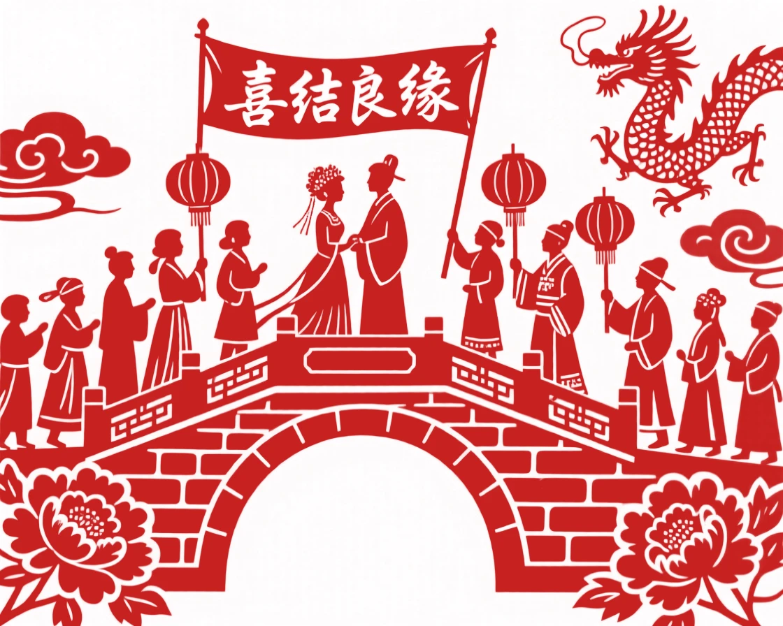 A wedding procession crossing a stone bridge, red lanterns and banners carried high above the crowd