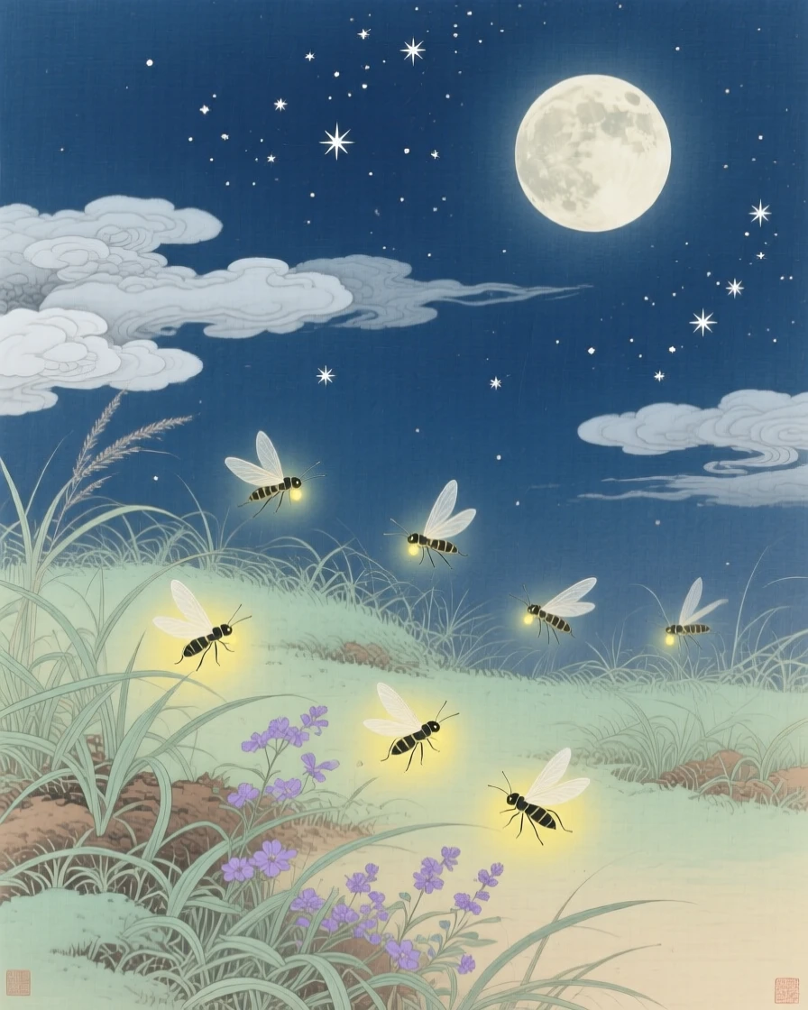 Fireflies dancing above a moonlit meadow, with wisps of cloud drifting past the stars