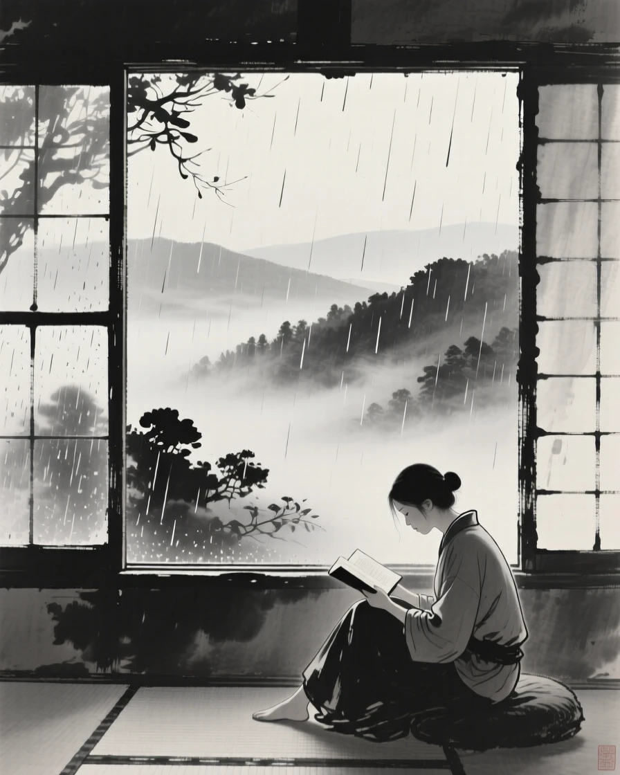 A quiet reading nook beside a rain-streaked window as mist slowly lifts from the valley, composed with vast open space to emphasize solitude, suggesting quiet longing and gentle stillness.