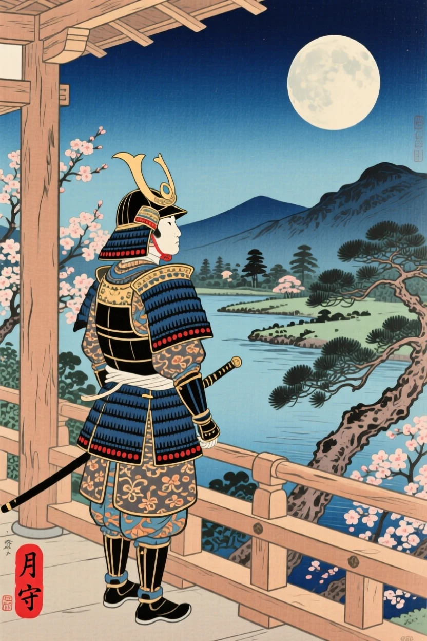 A palace guard gazing thoughtfully at a full moon.