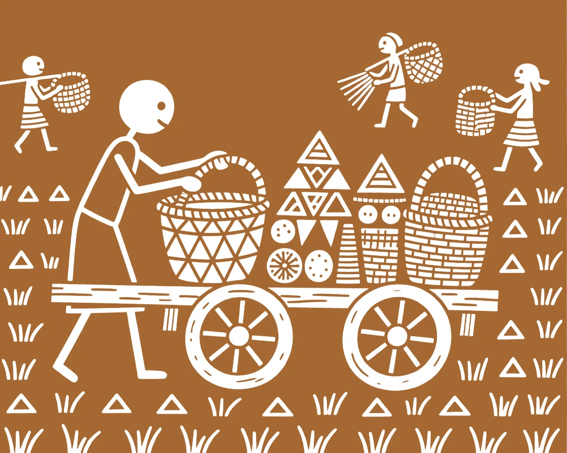 A basket maker loading a cart with the day's goods.