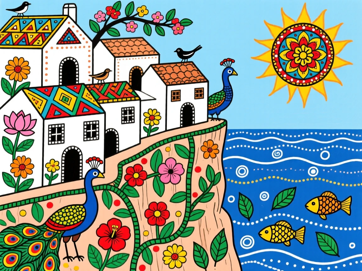 A whitewashed Mediterranean village clinging to a cliff above the sea.