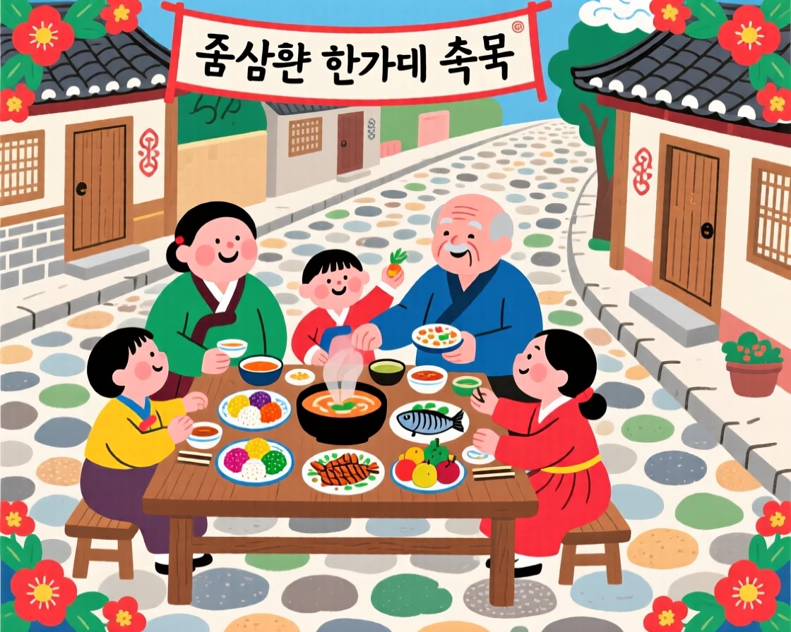 A family gathered around a table for a holiday feast along a cobblestone village street.