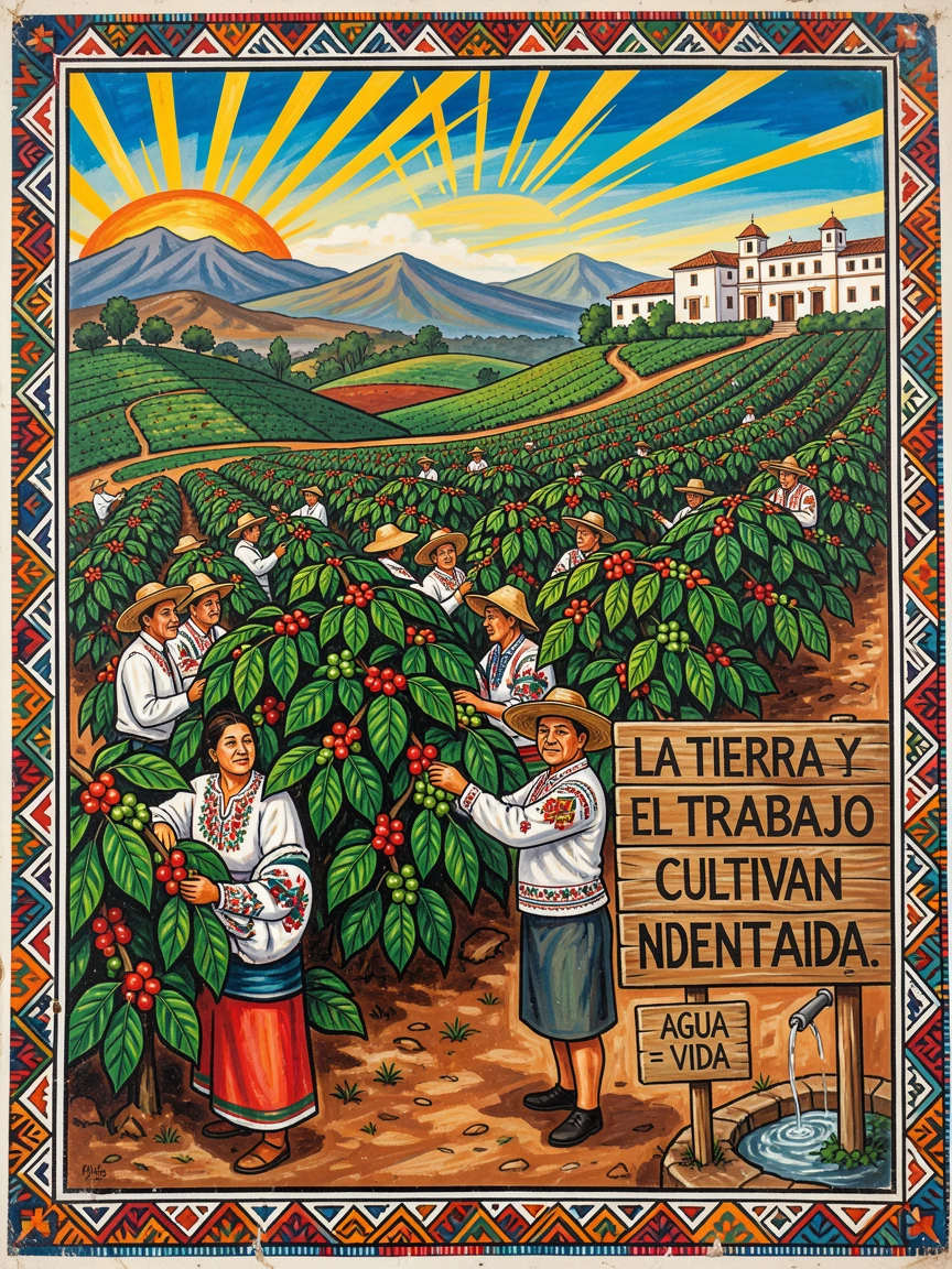 A coffee plantation with rows of ripening berries