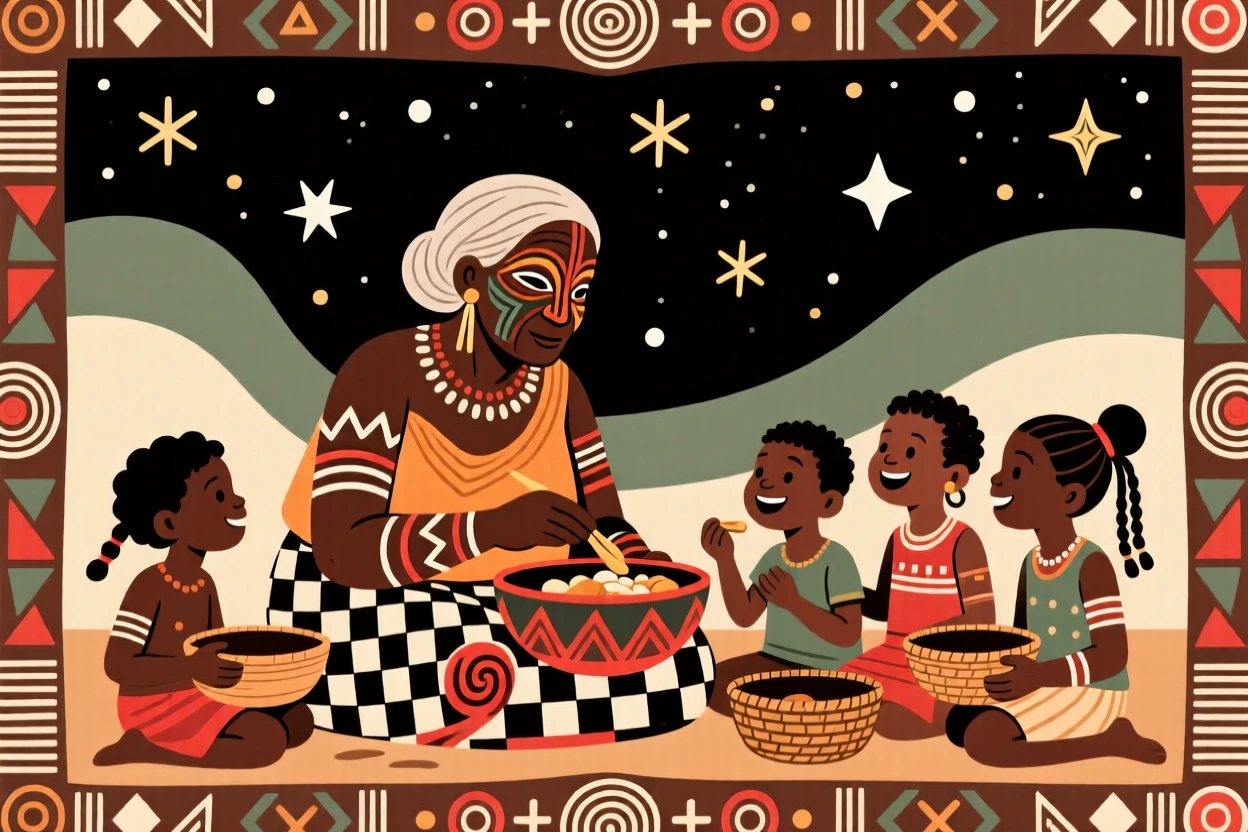 A grandmother and her grandchildren sharing a meal beneath the stars.