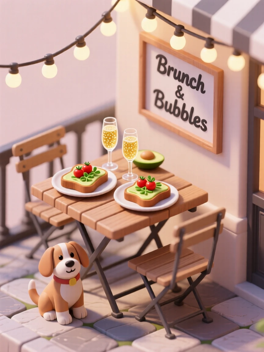 A charming brunch café patio with avocado toast and mimosas on the table, string lights overhead, and a small dog waiting beneath a chair.