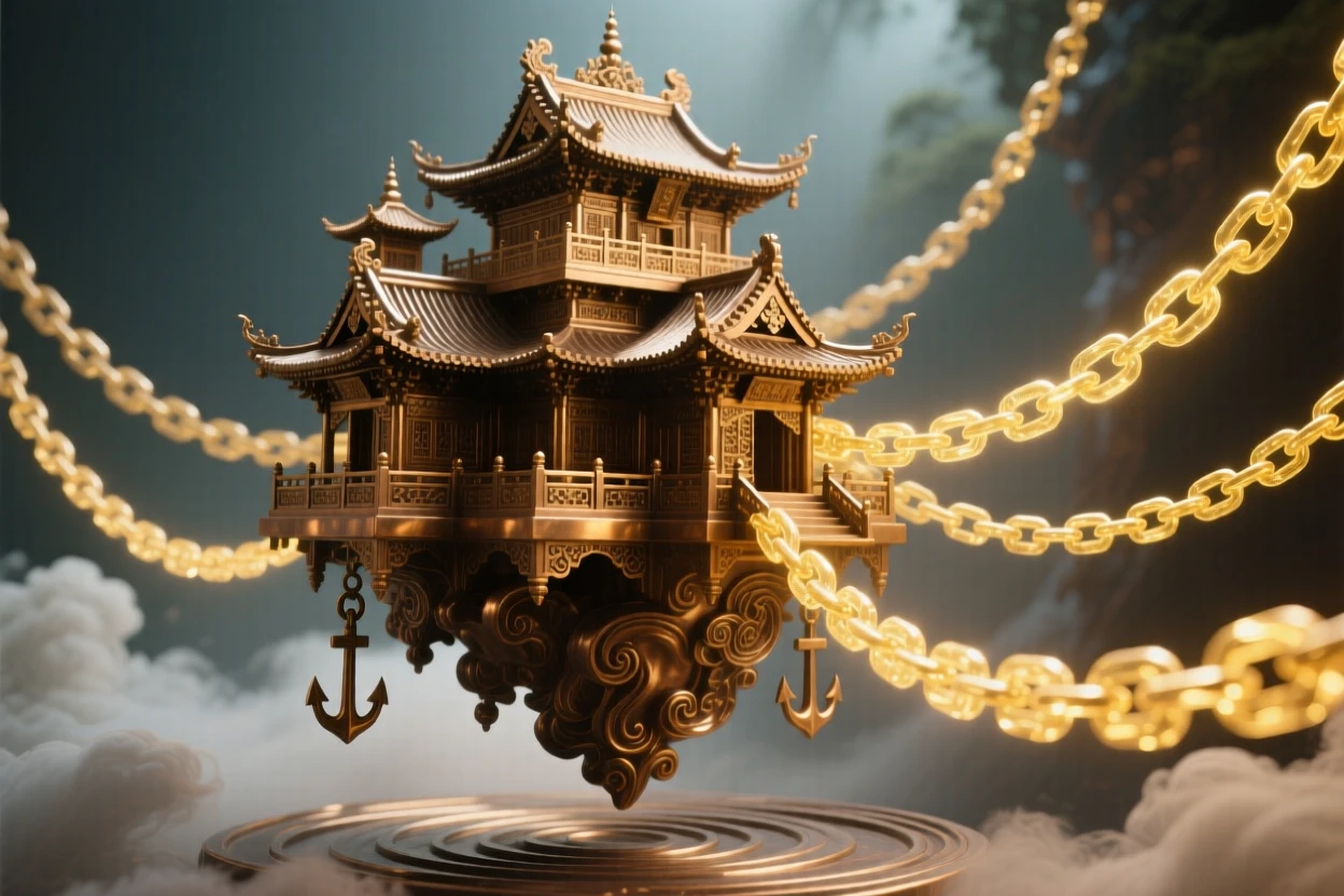 A floating monastery anchored by chains of golden light, rendered with dreamlike, atmospheric wonder, transporting the viewer to another world