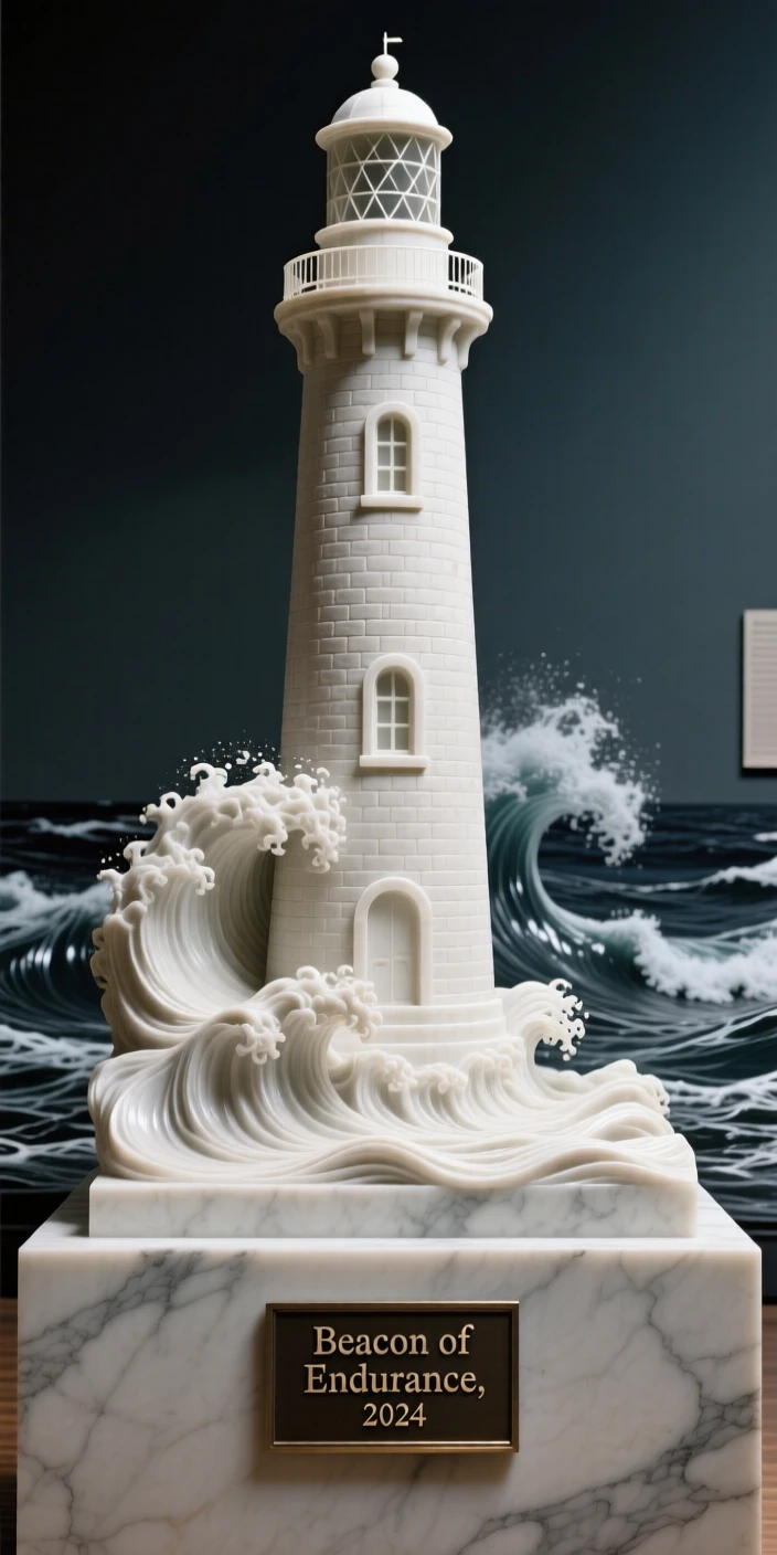 A striking, atmospheric depiction of a lighthouse standing against crashing waves, showcasing timeless elegance and grandeur