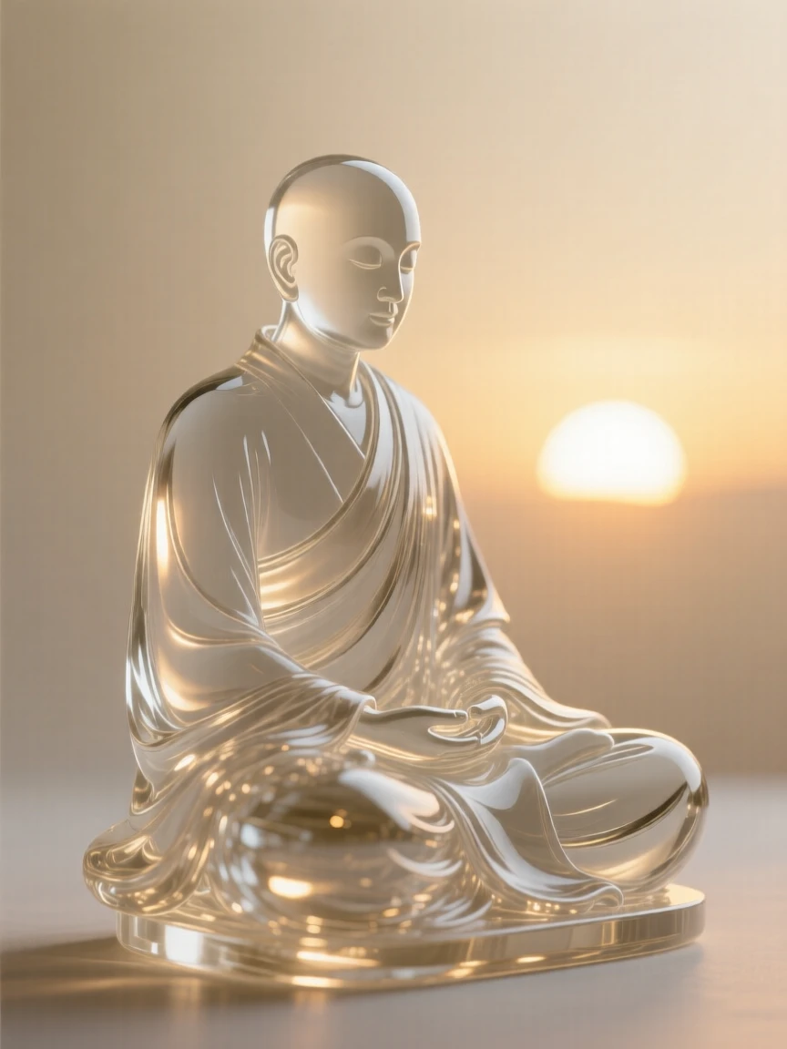 A monk in quiet meditation at sunrise framed in a close, intimate composition, soft rim light outlining the silhouette, evoking warmth and connection.