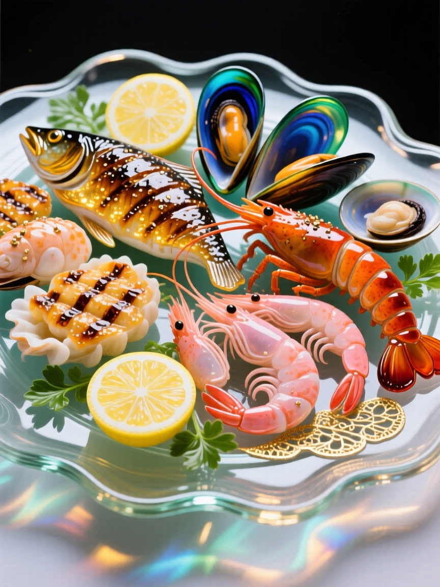 A platter of grilled seafood with lemon and fresh herbs, appetizing and vibrant.