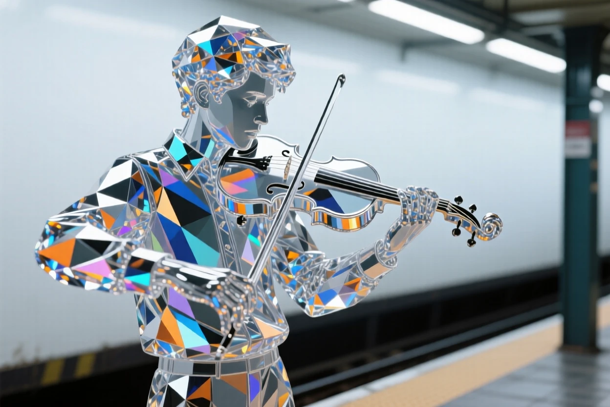 A young musician performing on a subway platform, passion evident despite the humble setting.