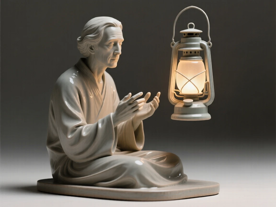 A poet writing beneath a lantern's glow gazing softly into the distance, with expressive hands mid-gesture, radiating grace, strength, and inner peace.