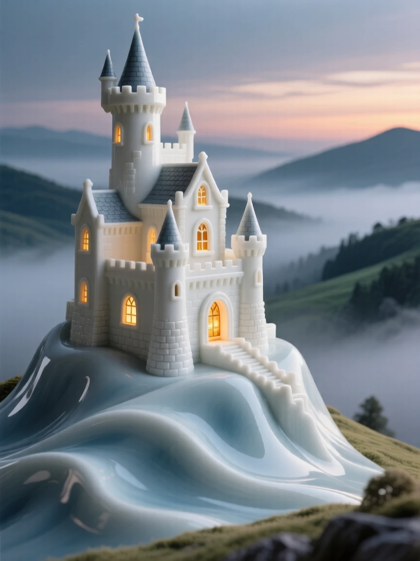A hilltop castle rising above a misty valley, glowing warmly from within at dusk.