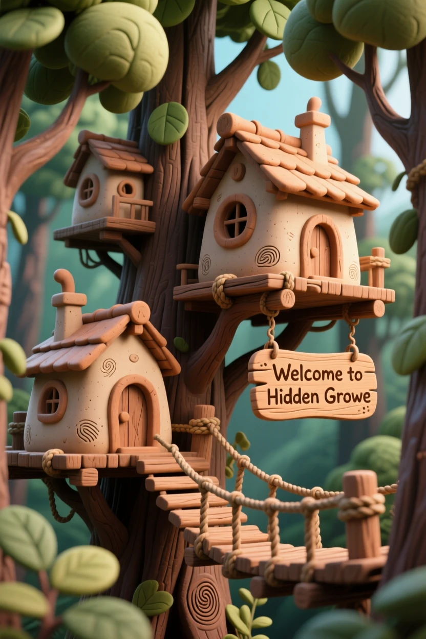 A hidden treehouse village connected by wooden rope bridges