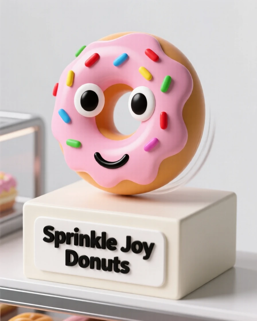 A happy donut character with sprinkle confetti and pink frosting spins playfully on a bakery display case.