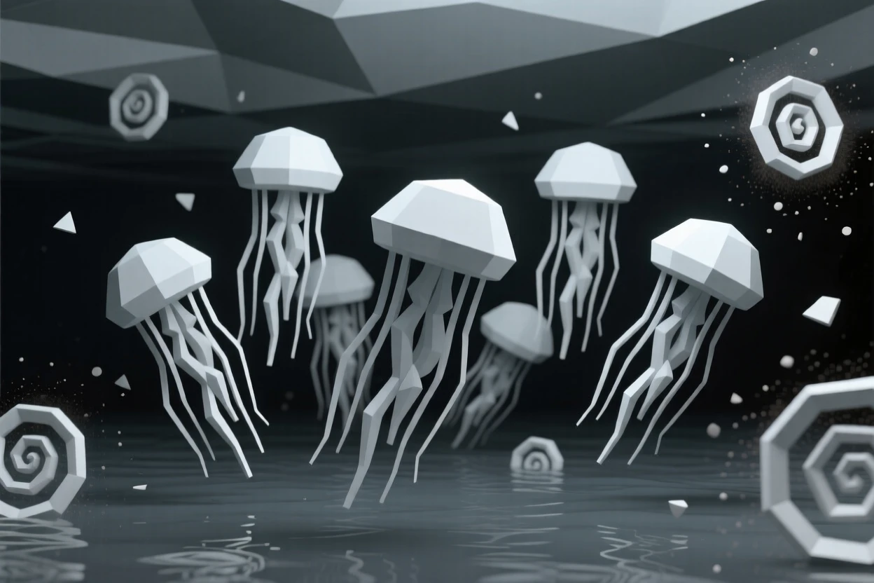 A school of glowing jellyfish drifting in dark water, surrounded by swirling cosmic dust. rich color gradients enhance the dreamlike atmosphere. The atmosphere feels serene yet infinite.