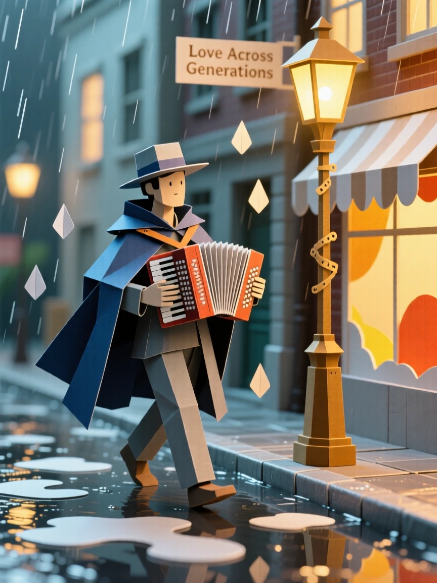 A street performer strolling along a rain-soaked city street, with warm golden light wrapping around them, evoking love across generations.