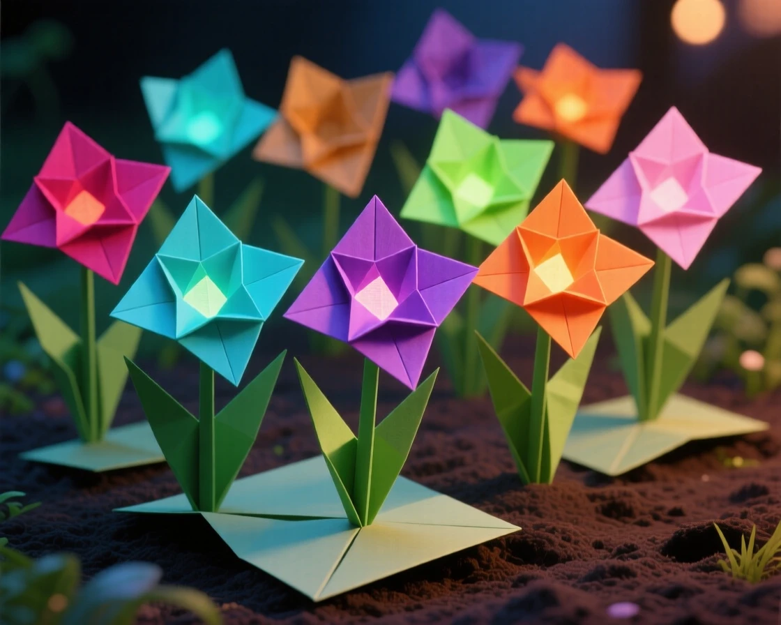 A garden where every flower blooms in a different glowing color at twilight.