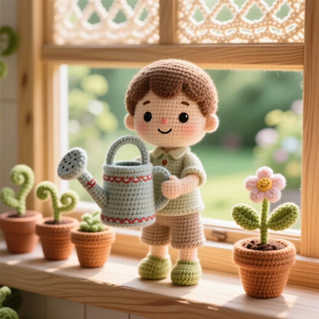 a small boy carrying a watering can, almost as big as himself, watering a row of small garden pots, in a sunlit windowsill overlooking a garden, with a small potted plant on the windowsill nearby, radiating quiet, unhurried domestic peace.