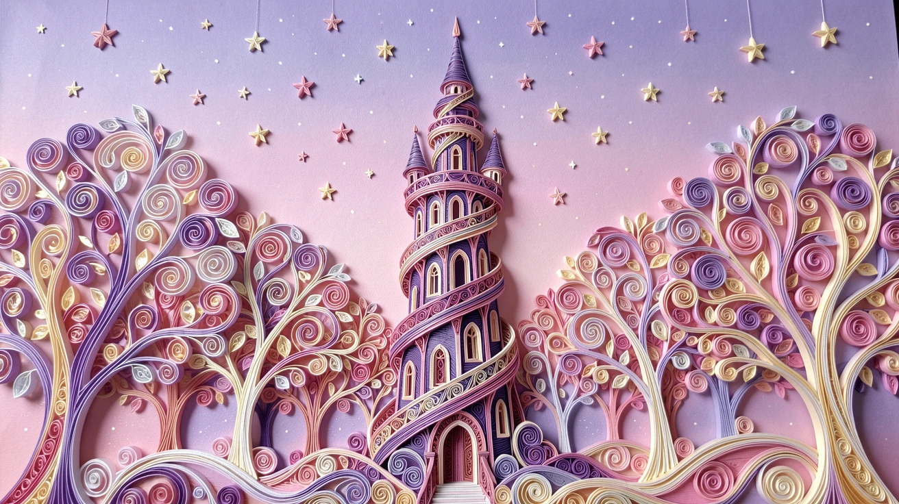 A magical fantasy scene of a wizard's tower spiraling up into a starry sky beneath a canopy of glowing luminescent trees, in dreamy pastel tones of lavender and rose, captured from a sweeping cinematic wide angle.