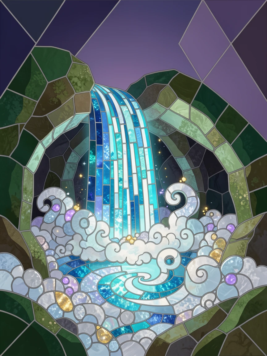 An epic fantasy scene of a glowing magical waterfall cascading into a hidden grotto, with swirling mist and glowing highlights.