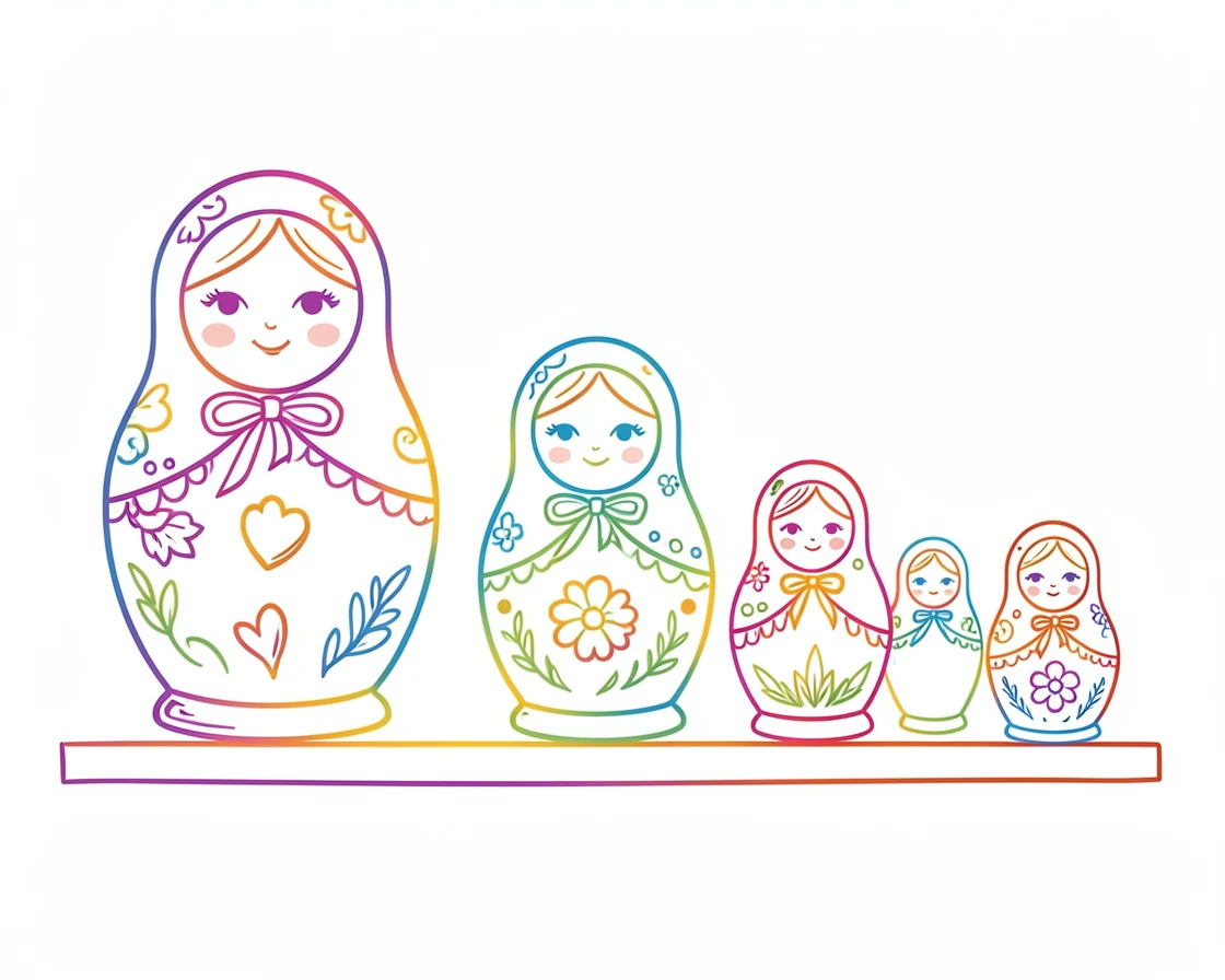 A shelf of hand-painted nesting dolls arranged from largest to smallest.