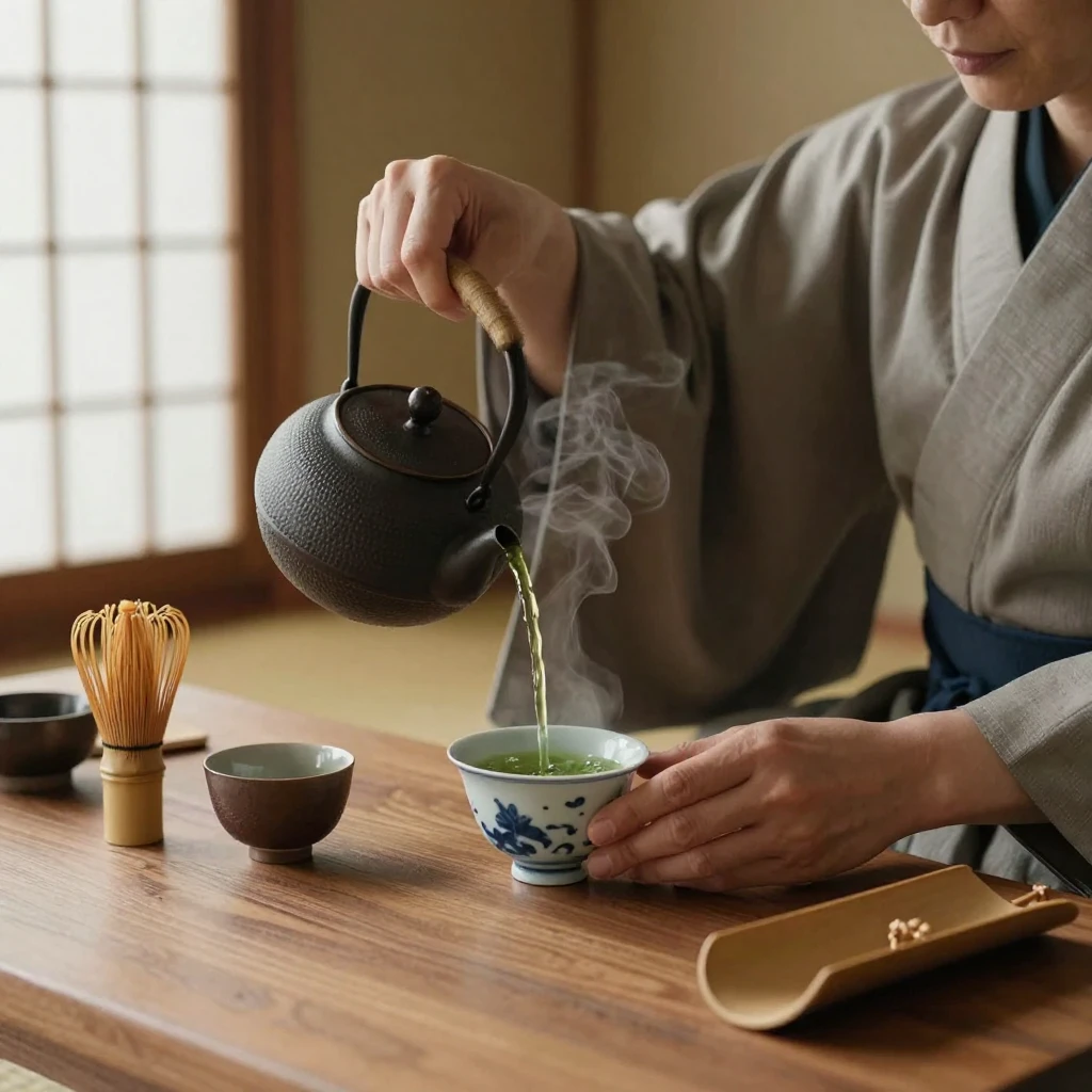A tea ceremony master pouring green tea with precision