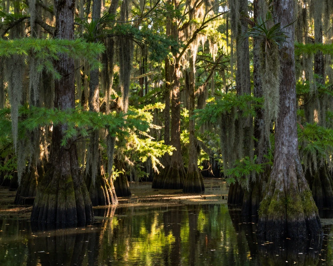 A moss-draped cypress swamp glows green in dappled afternoon light.