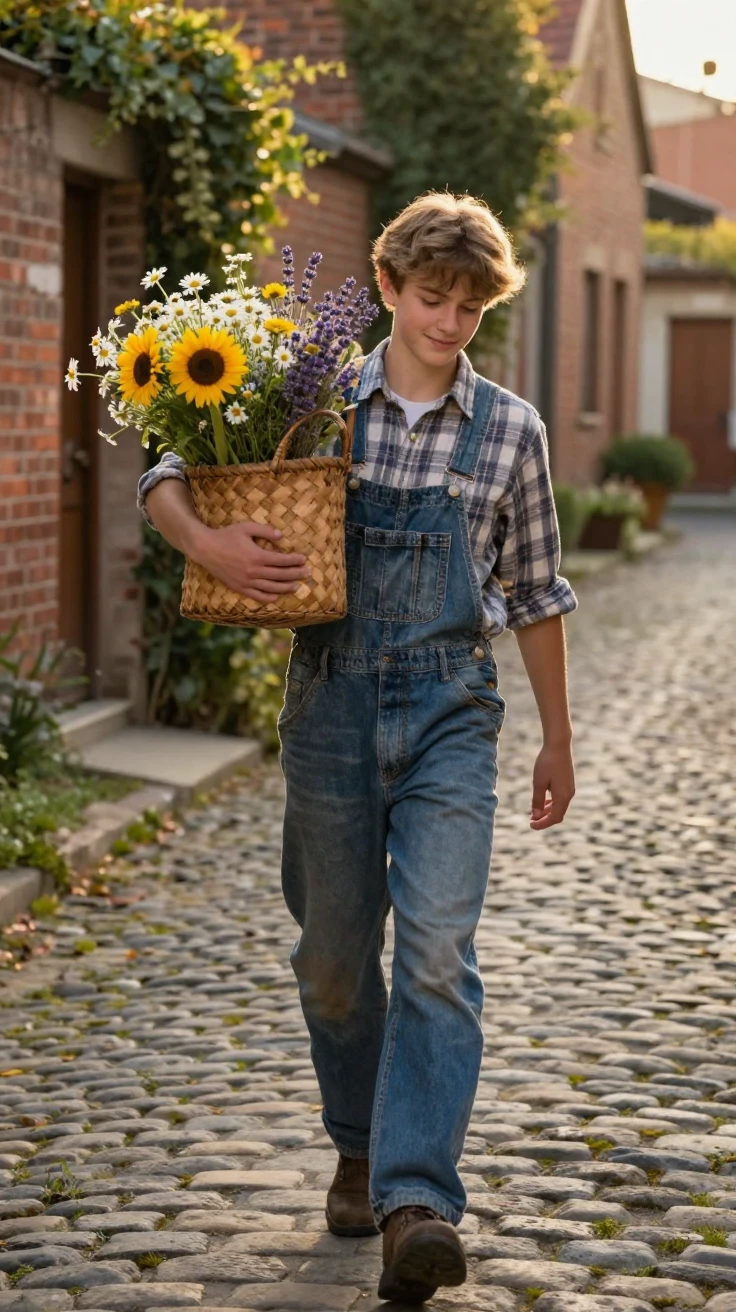 A teenage farmer carrying a basket of fresh flowers in a narrow cobblestone alley, a gentle smile crossing their face