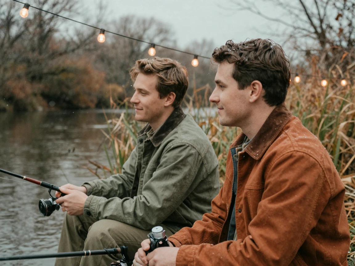 Two friends fishing side by side from a quiet riverbank, under strings of warm string lights, amid gently falling snow, in the mild days of early autumn, with muted olive and rust colors, in a tight close-up.