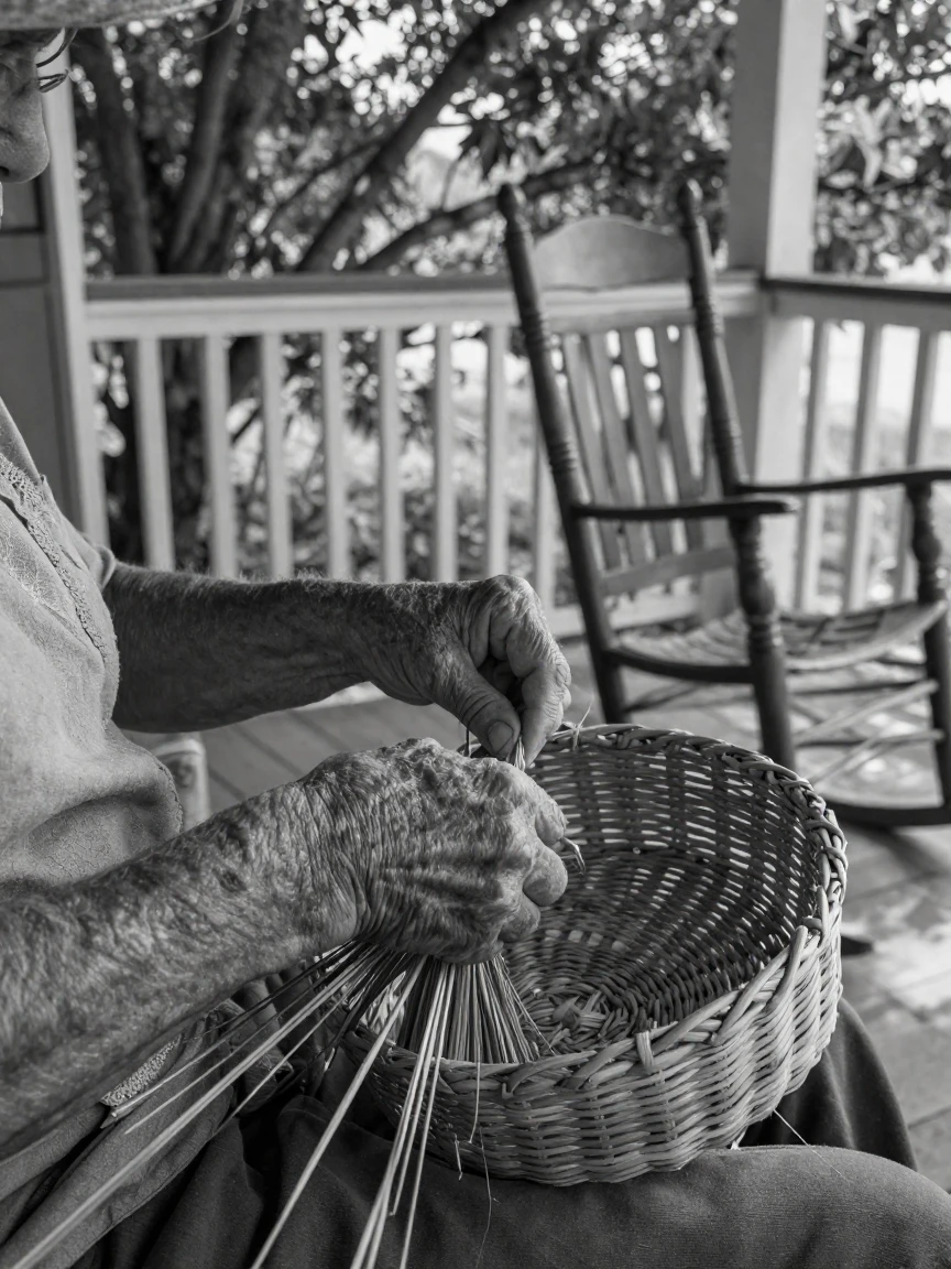 A basket weaver twists reeds into a tight pattern on a shaded porch.