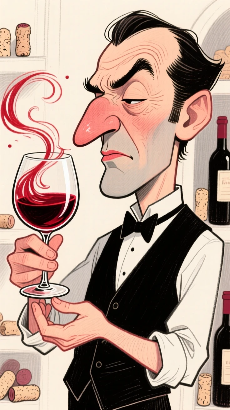 A wine sommelier swirling a glass thoughtfully, nose tilted in deep concentration.