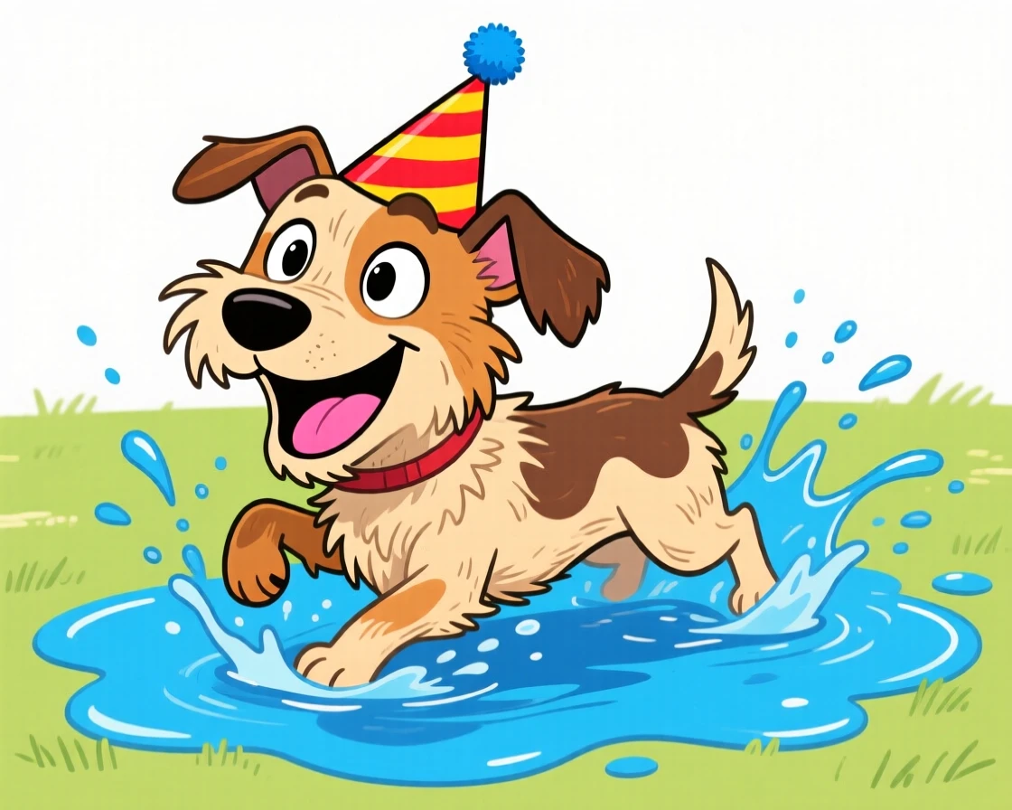 A playful pet moment featuring a scrappy terrier mix splashing gleefully through a puddle, with a birthday hat slightly askew.