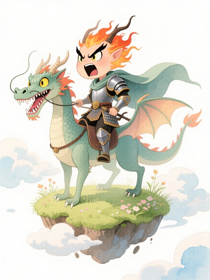 A fierce dragon rider standing atop a floating island in the clouds