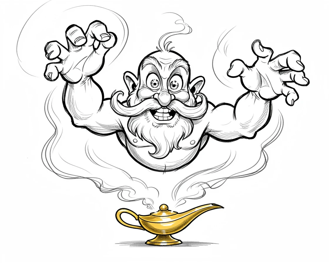 [Fantasy & Imaginative Scenarios] Imaginative fantasy scene of a genie emerging in a swirl of smoke from a golden lamp, brimming with wonder