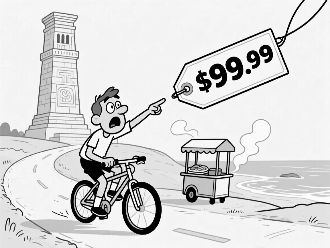 A cyclist pedaling along a scenic coastal road, pointing dramatically at a price tag in mock horror, set in front of a towering ancient monument. Steam rises from a nearby food cart. There's a light, adventurous spirit running through the moment.
