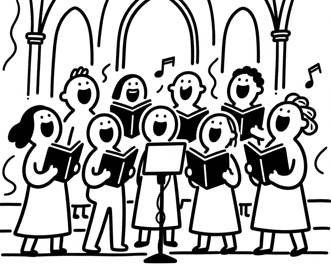 A choir singing joyfully together, mid-note, in a beautiful cathedral.