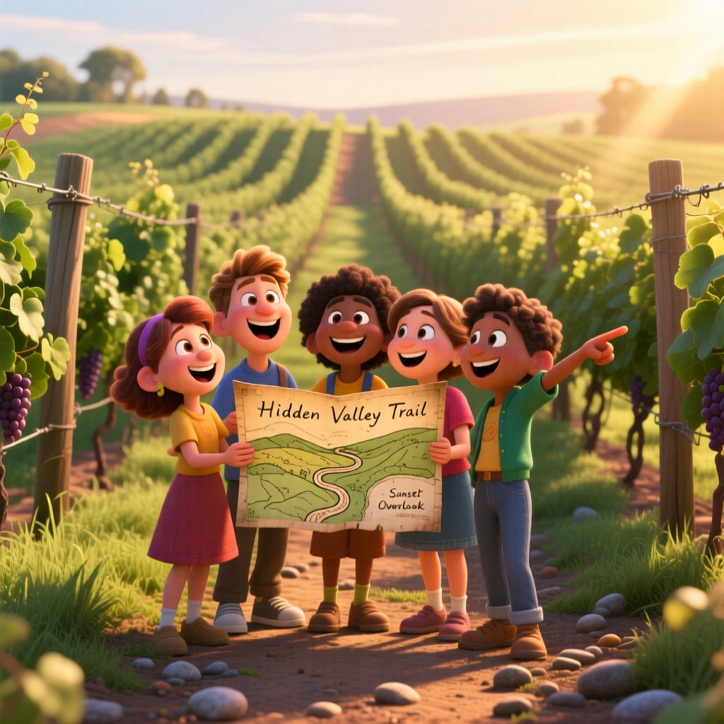 A group of friends laughing together stands in a vineyard with rows stretching into the distance, tracing a path on an old paper map. A warm sense of gratitude and wanderlust colors the moment, with warm golden light washing over everything.