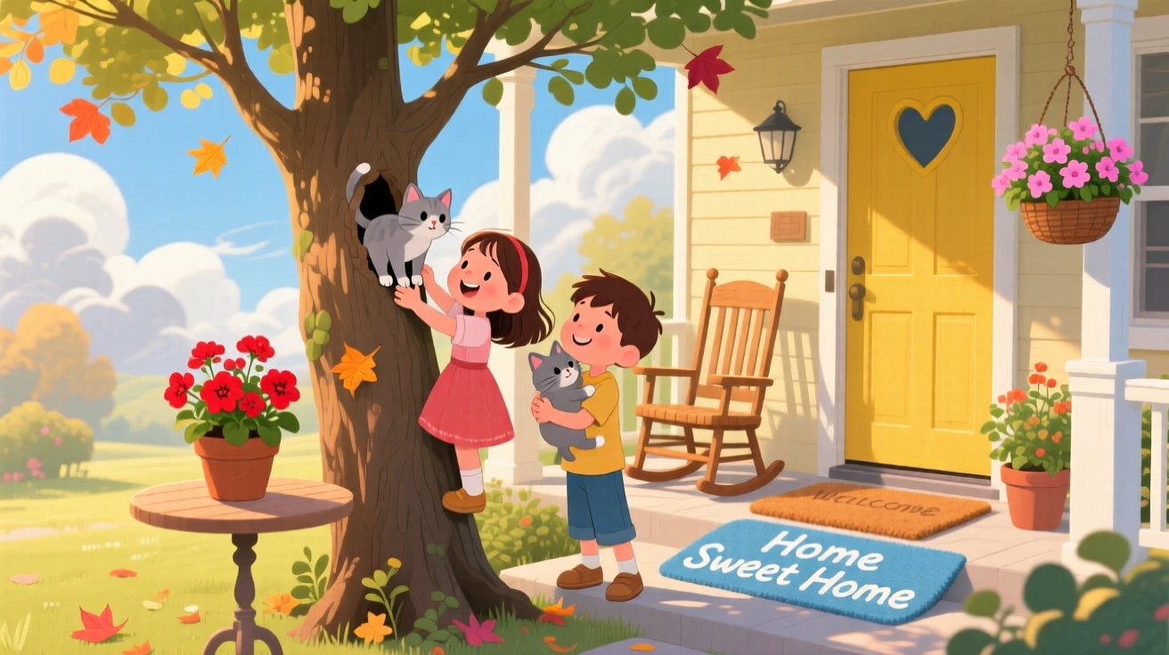 Two best friends are seen rescuing a kitten stuck in a tree in a cozy front porch, while the sun breaks through the clouds.