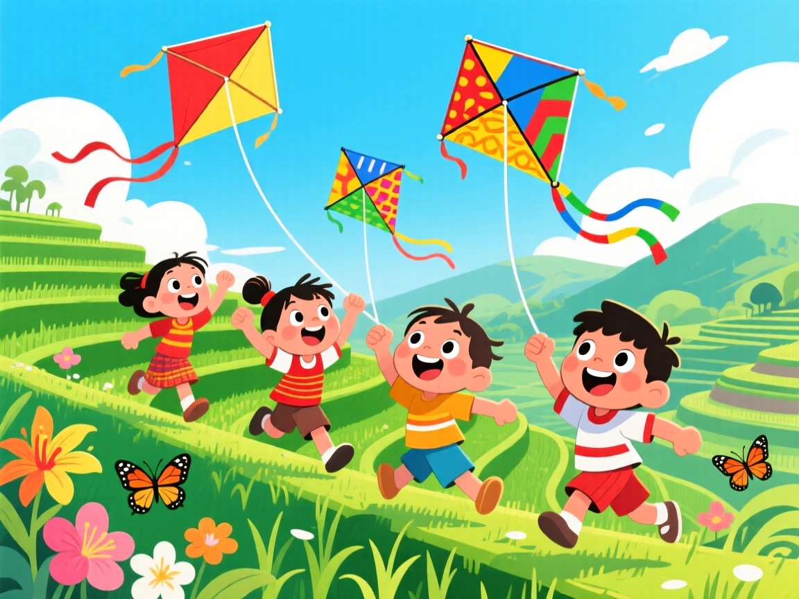 Children in Indonesia flying handmade kites over emerald rice terraces.