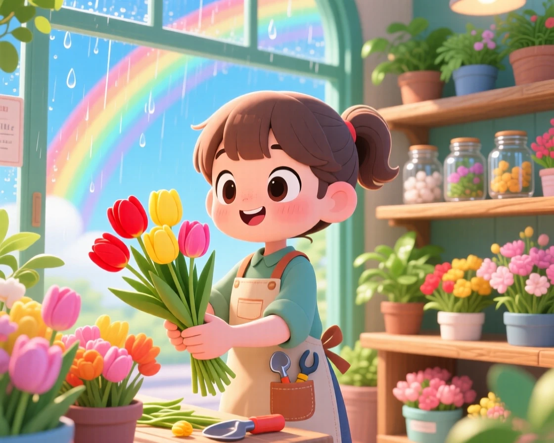 Waist-up portrait of a small florist, arranging a bouquet of tulips, in a bright flower shop, under a rainbow after the rain, illuminated by bright midday sun, radiating curious excitement.
