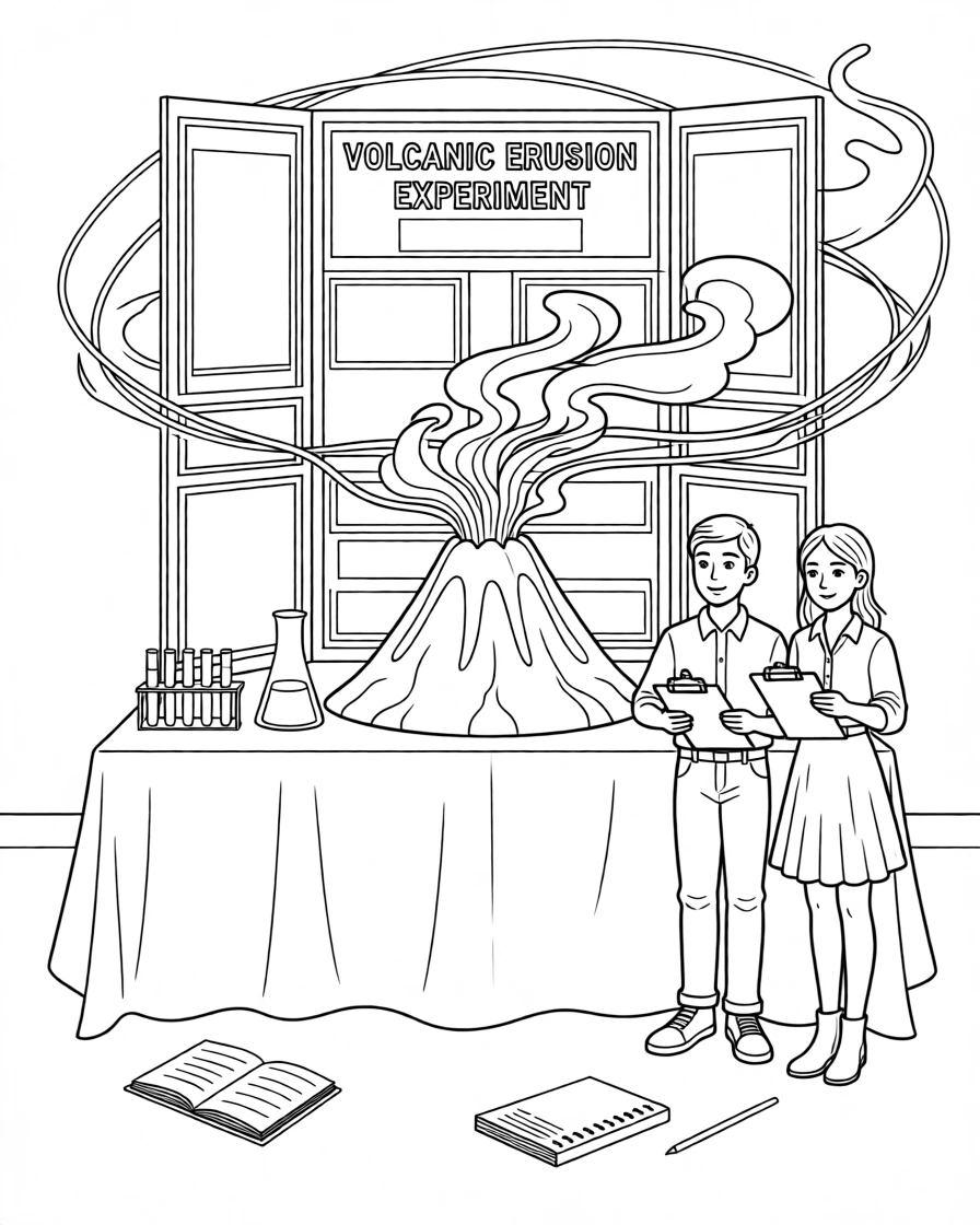 A science fair project display with a glowing volcano model, with smoke and colored lights swirling around the stage.