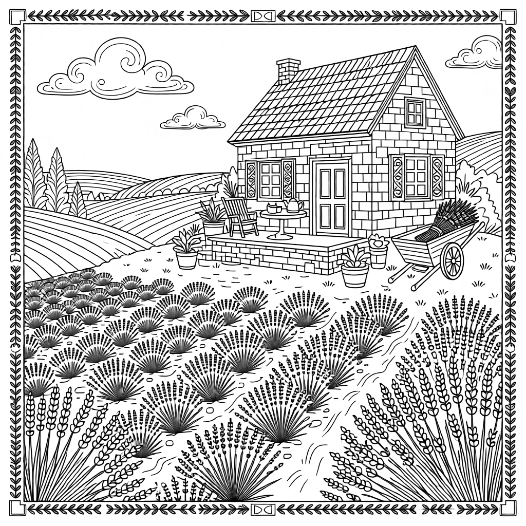 A hillside lavender farm beneath a stone farmhouse.