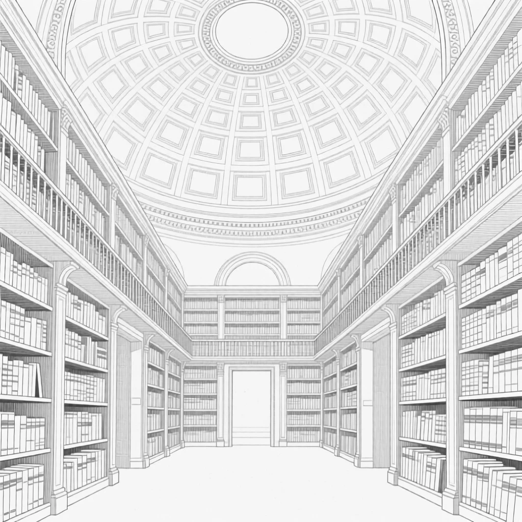 A grand library with towering shelves and a domed ceiling