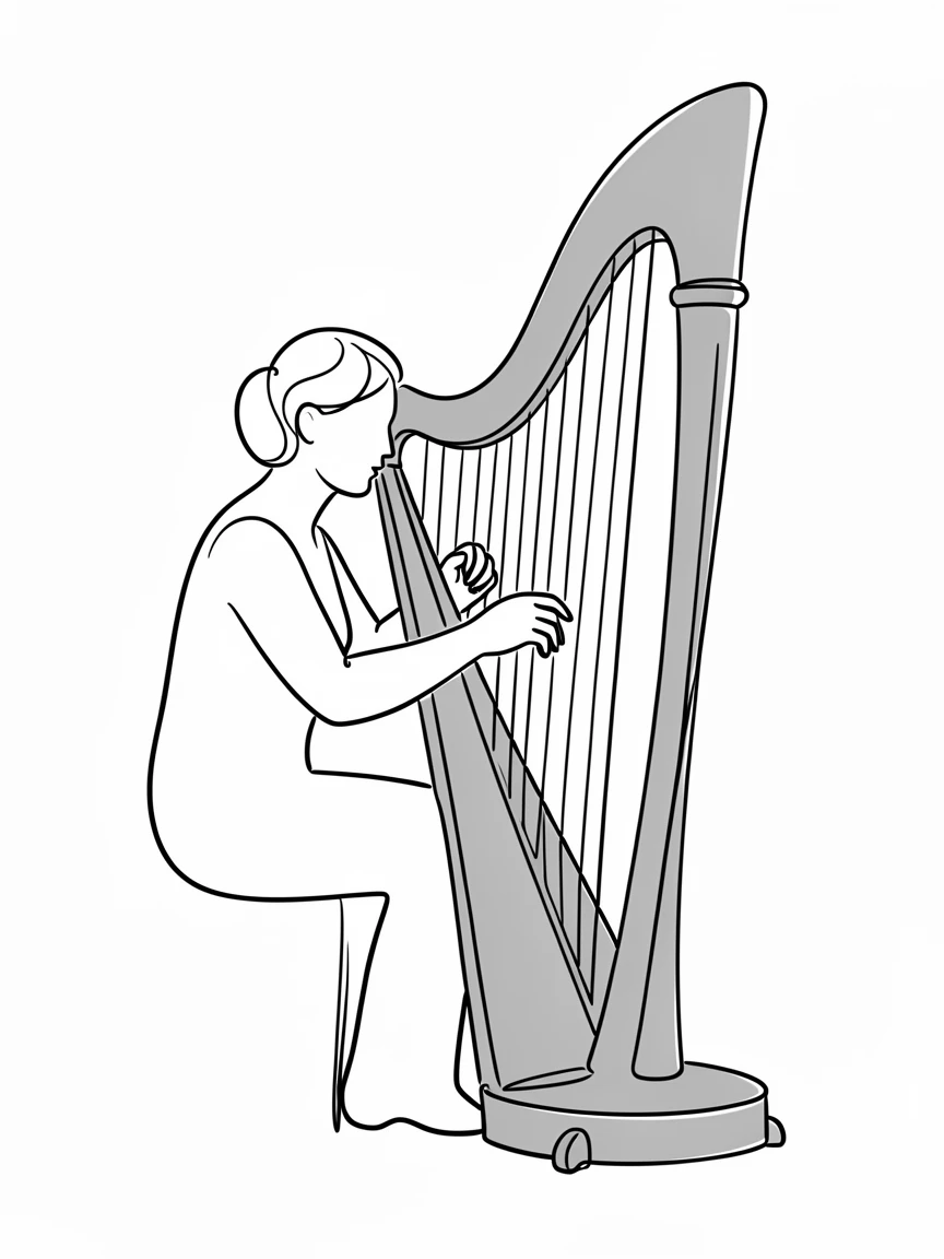 A harpist plucking the strings of a tall golden harp