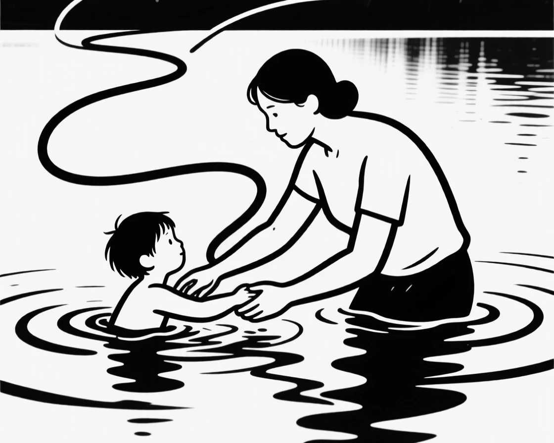 A child learning to swim with a parent in a calm lake.
