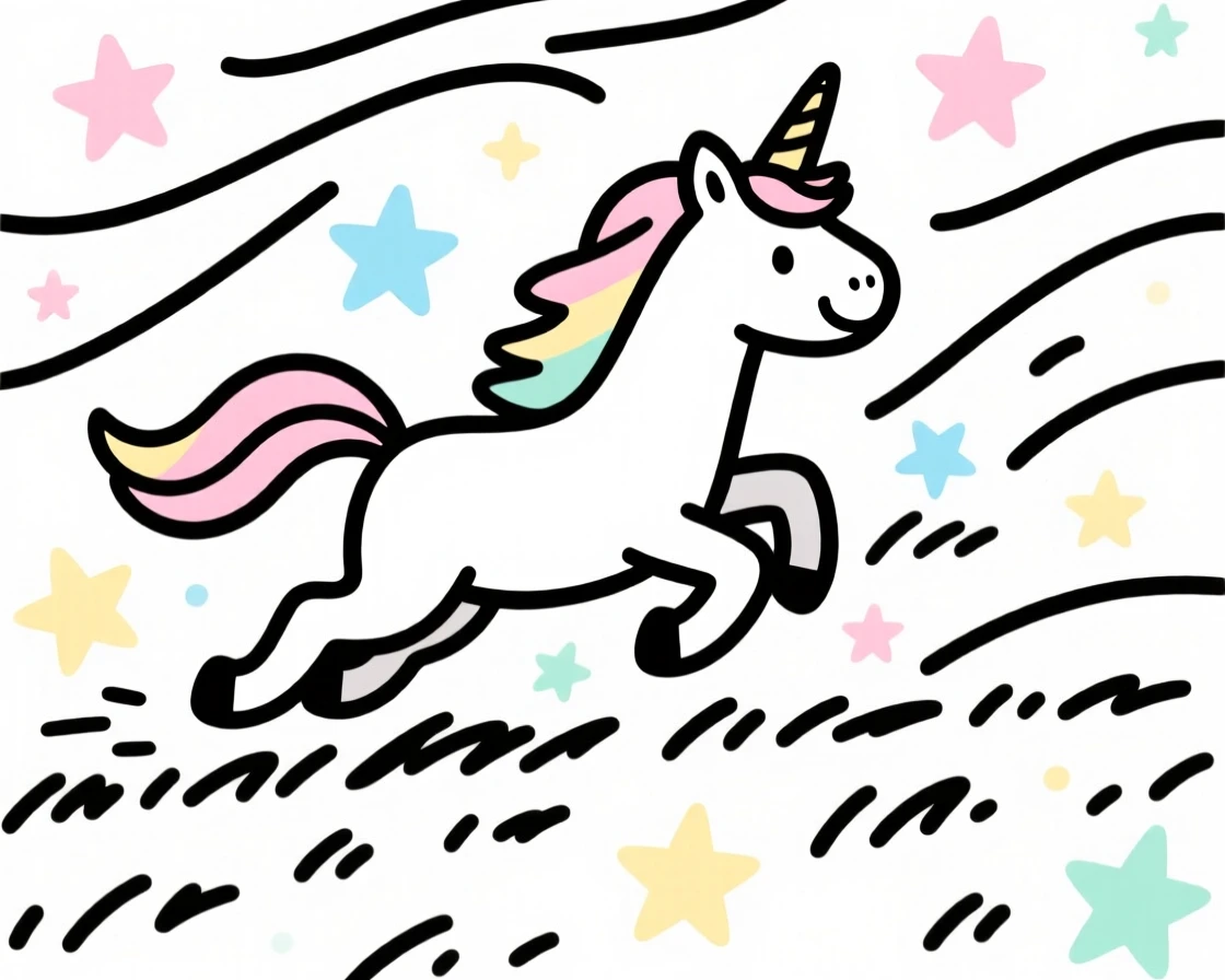 A tiny cartoon unicorn galloping through a field of stars.