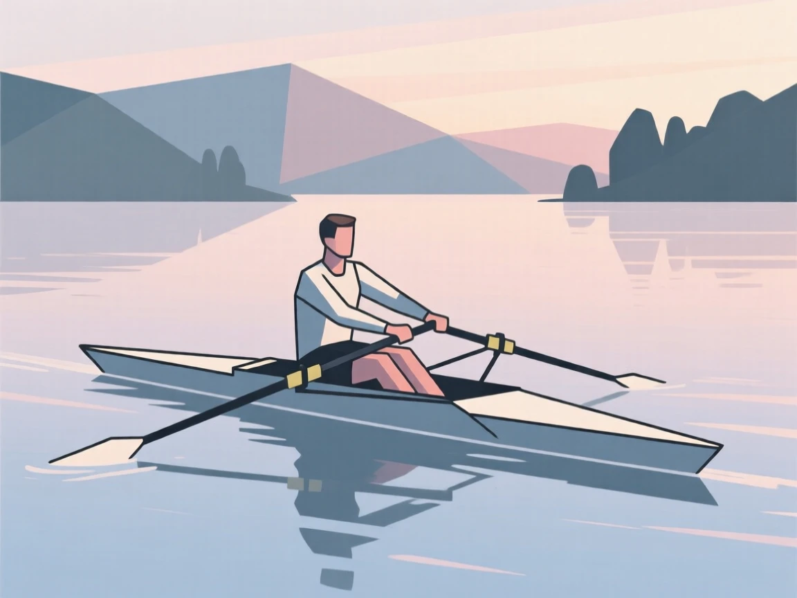 A rower gliding across a calm lake at dawn